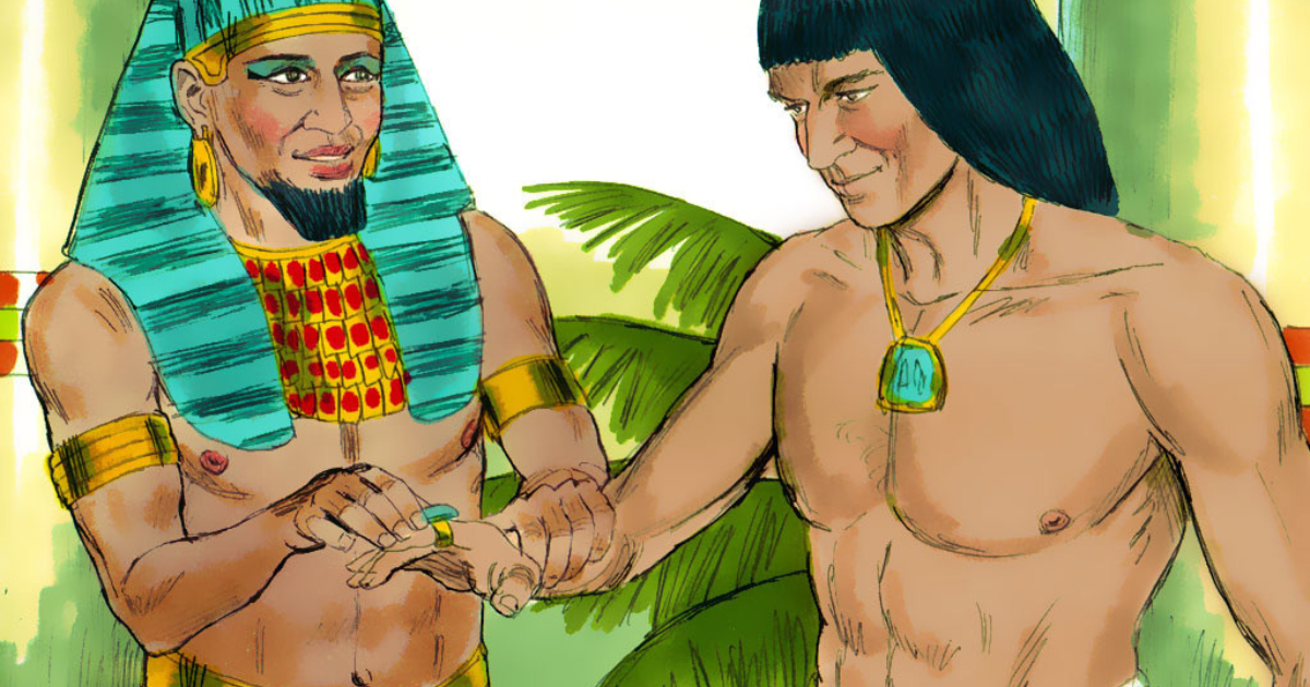 Pharaoh places a ring on Joseph's hand, symbolizing Joseph's rise to power in Egypt, illustrating a key moment in the biblical story of Joseph, where parallels to finding Jesus in Joseph's story are drawn.