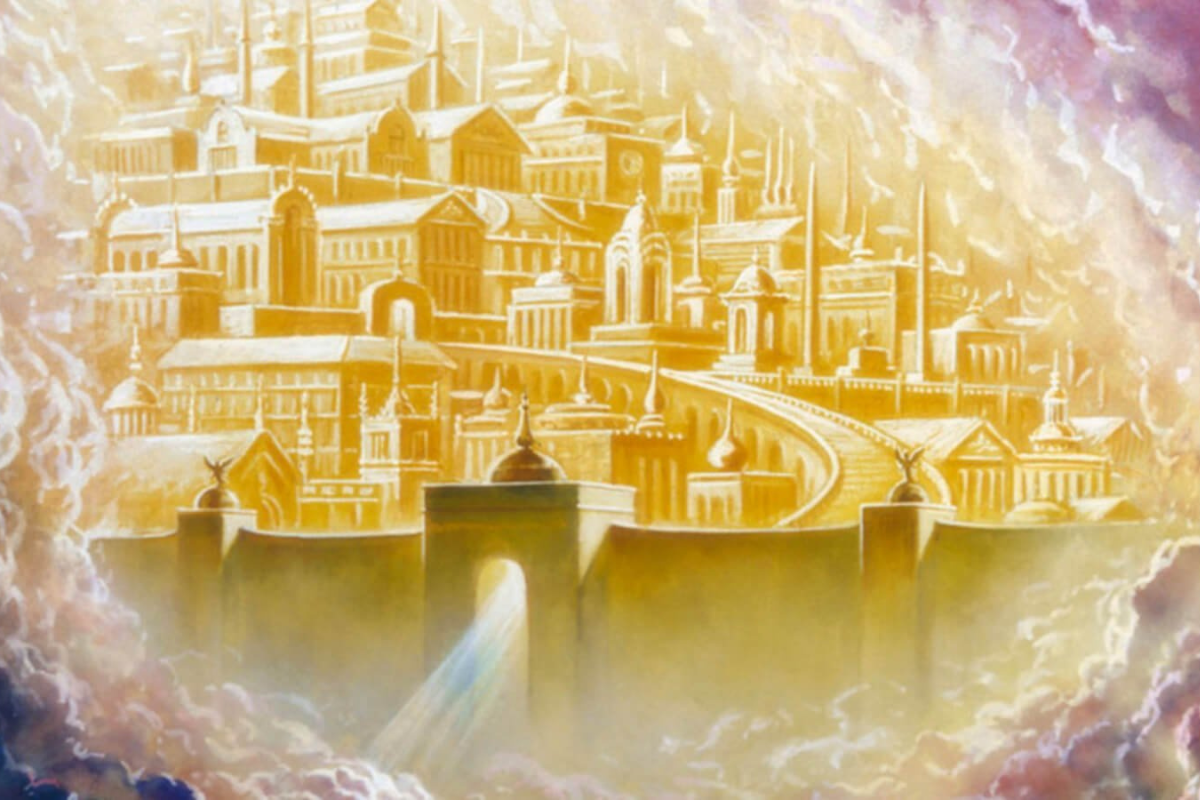 Artistic depiction of the New Jerusalem from the Bible, showing a radiant golden city with grand architecture and an open gate surrounded by clouds.