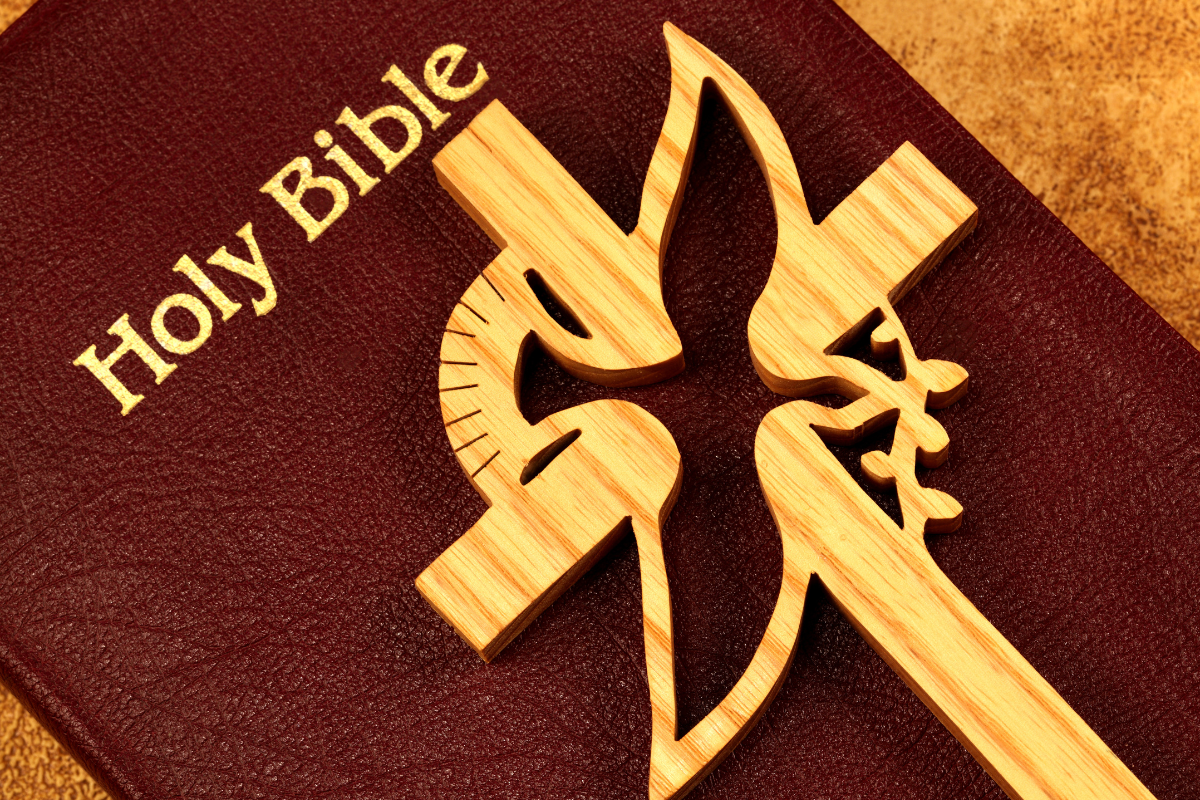 An image of the Holy Bible and a wooden dove.