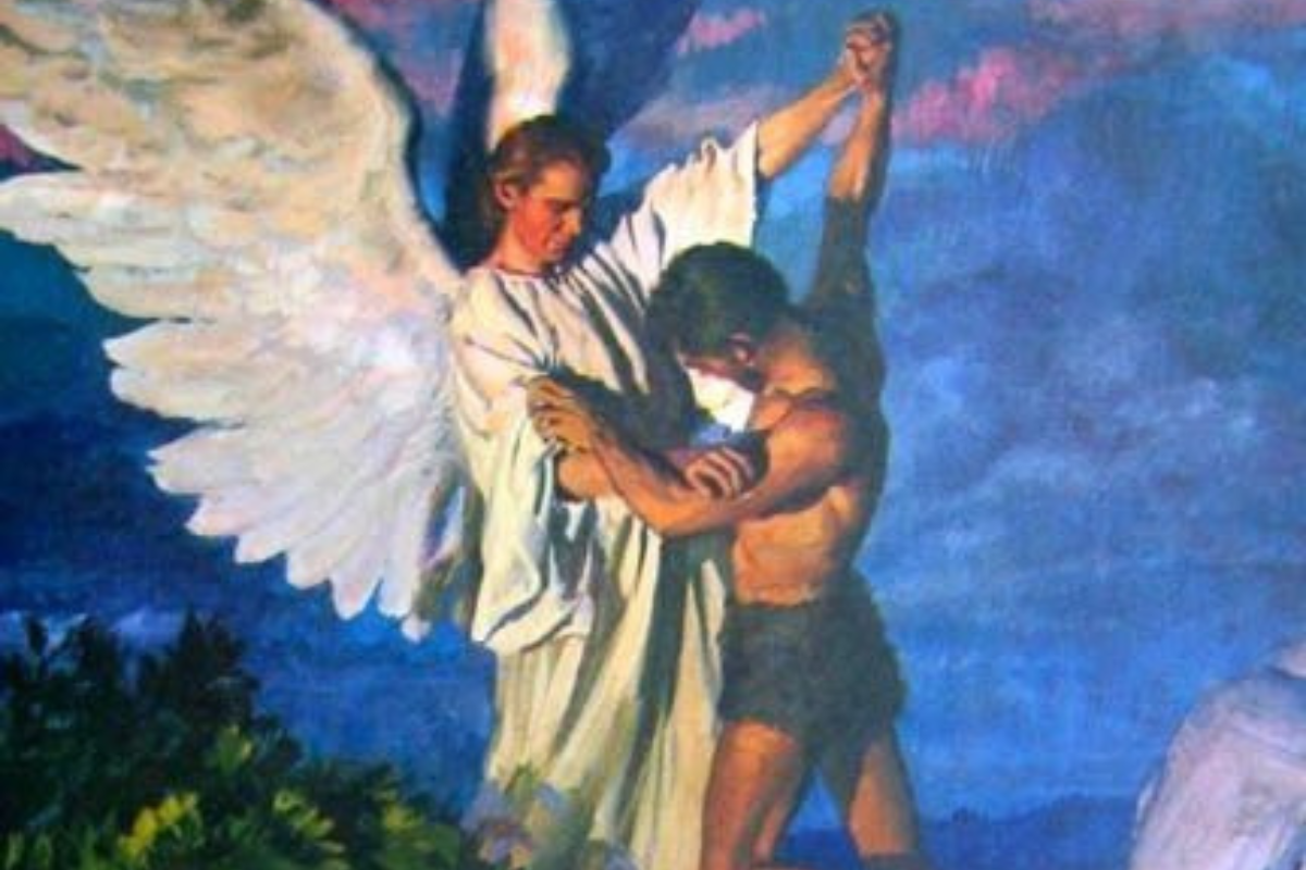 A depiction of Jacob wrestling with God in the Bible.