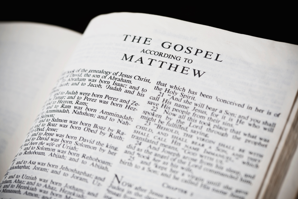 An image of the book of Matthew in the Bible.