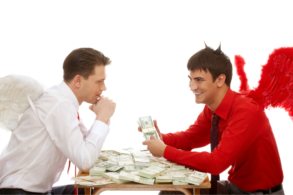 An image of two men depicting good and evil when it comes to money.