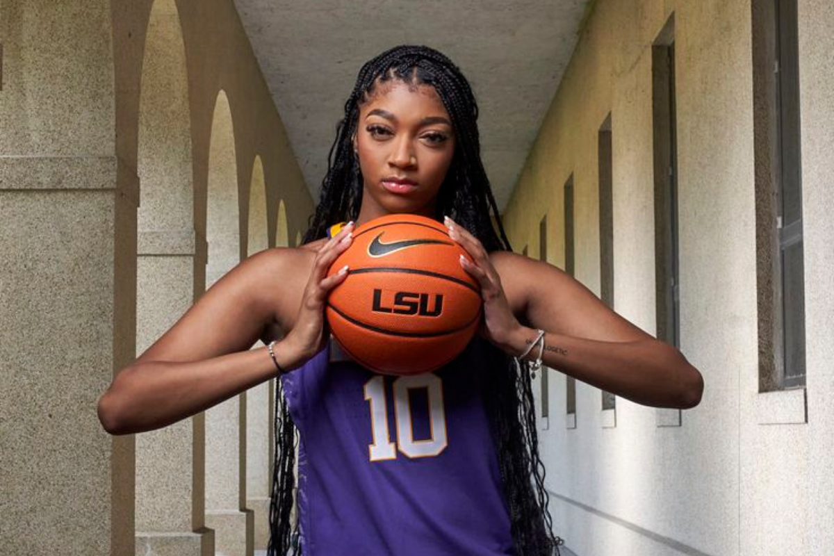 An image of Angel Reese holding a basketball.