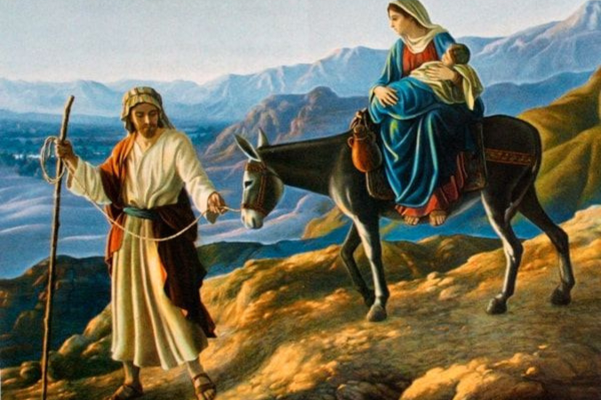 A depiction of Joseph, Mary, and Jesus going traveling to Egypt.