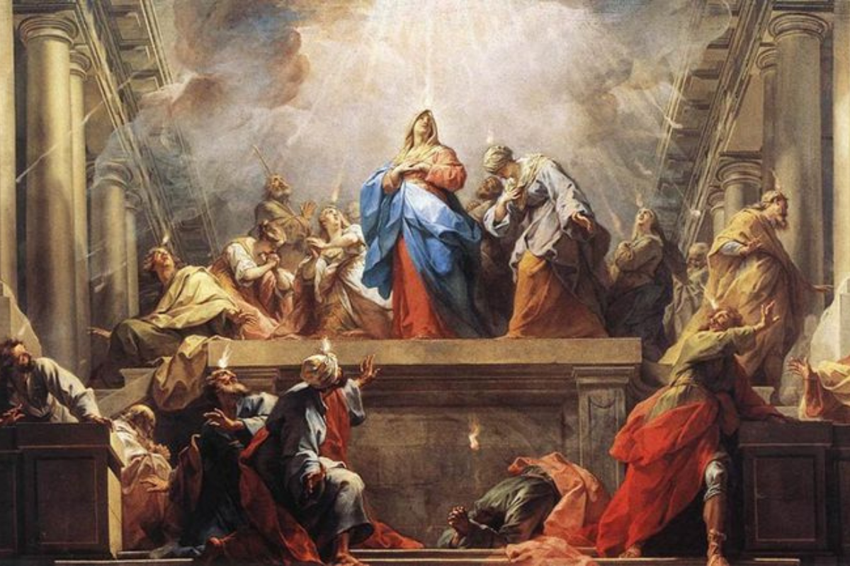 The coming of the Holy Spirit to the disciples during the Pentecost.