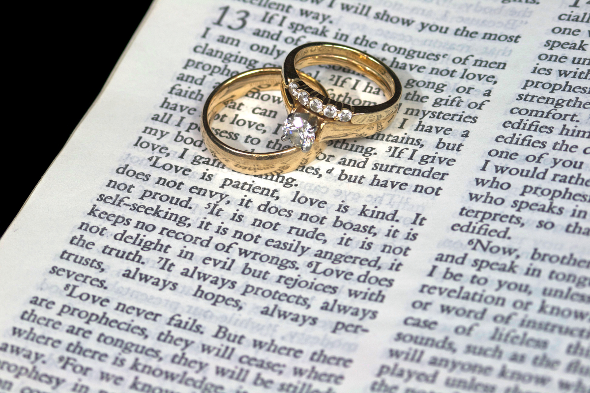 An image of wedding bands on top of a Bible.